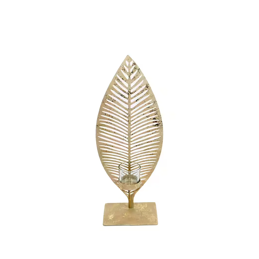 B&S Teelichthalter Blatt aus Metall gold 21,5 cm