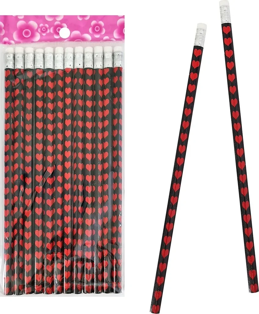 12er Set Bleistifte mit Herzmotiv und Radiergummi 19 cm