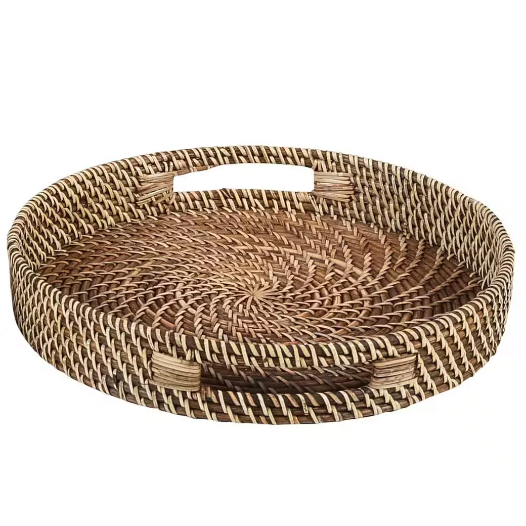 CASAMORO BEA Rattan Serviertablett rund mit Griffen Dekotablett