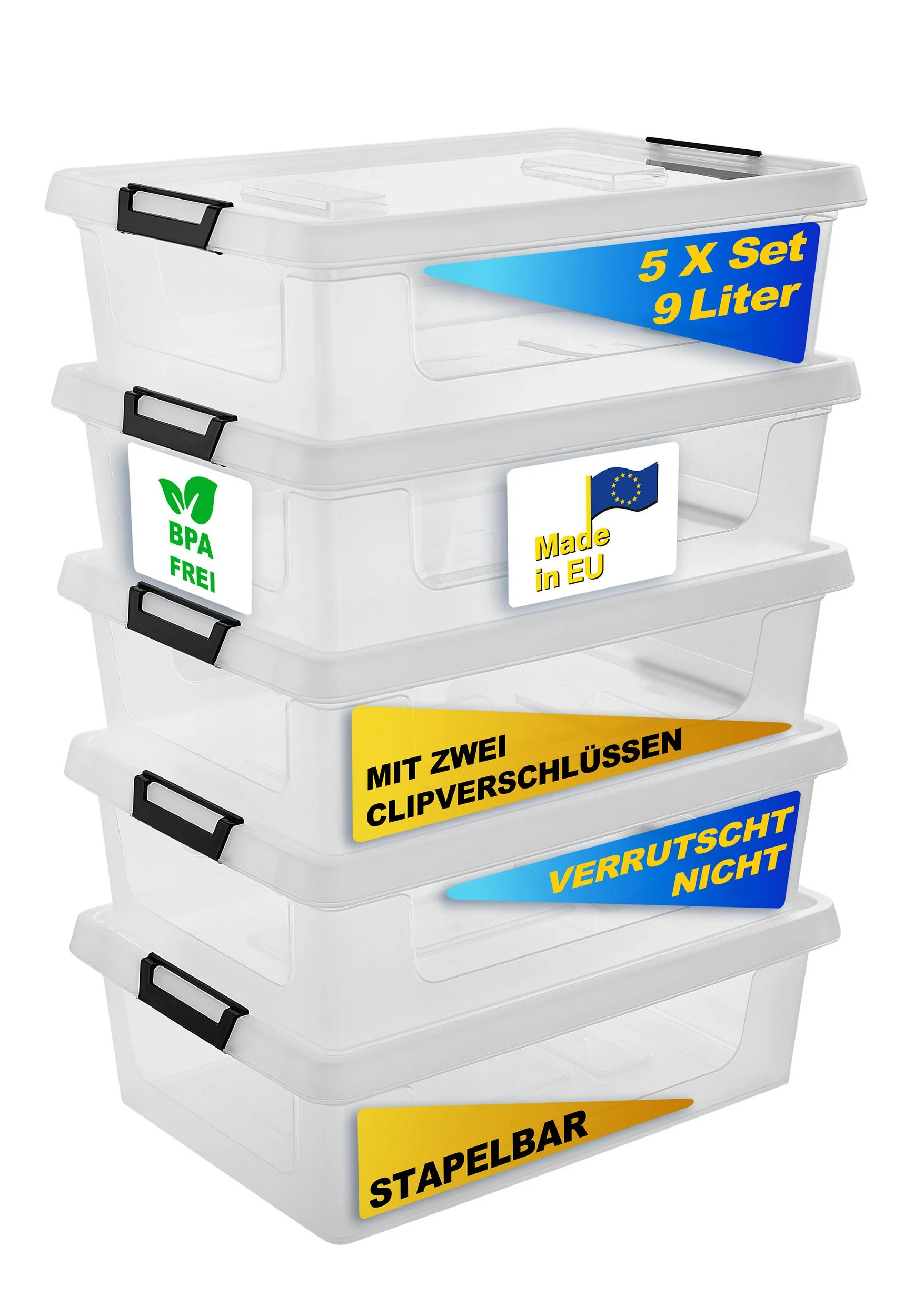 GARDISSIMO Aufbewahrungsboxen Set 5 mit Deckel Clip 9 L Kunststoff